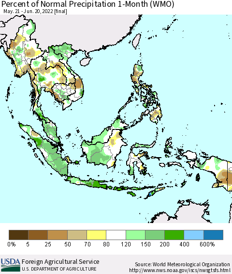 South East Asia Percent of Normal Precipitation 1-Month (WMO) Thematic Map For 5/21/2022 - 6/20/2022
