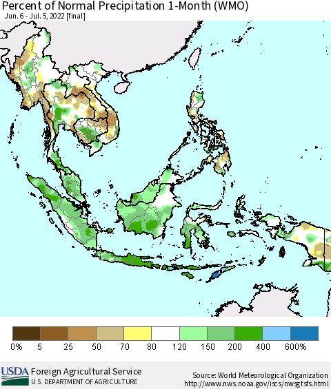 South East Asia Percent of Normal Precipitation 1-Month (WMO) Thematic Map For 6/6/2022 - 7/5/2022