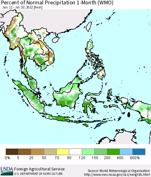 South East Asia Percent of Normal Precipitation 1-Month (WMO) Thematic Map For 6/11/2022 - 7/10/2022