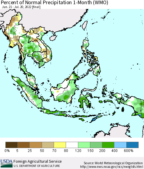 South East Asia Percent of Normal Precipitation 1-Month (WMO) Thematic Map For 6/21/2022 - 7/20/2022