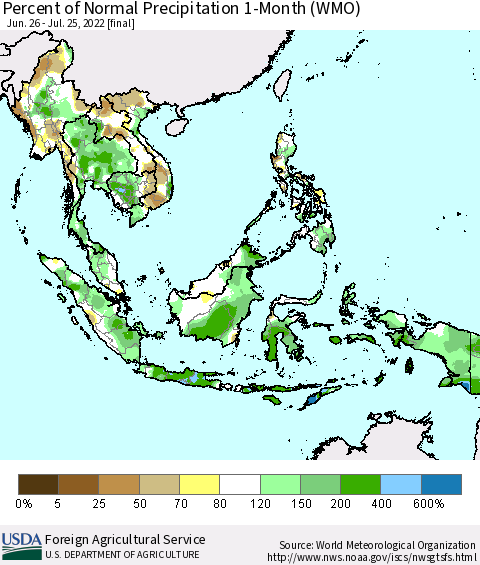 South East Asia Percent of Normal Precipitation 1-Month (WMO) Thematic Map For 6/26/2022 - 7/25/2022