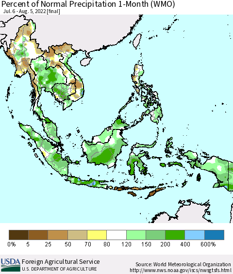 South East Asia Percent of Normal Precipitation 1-Month (WMO) Thematic Map For 7/6/2022 - 8/5/2022