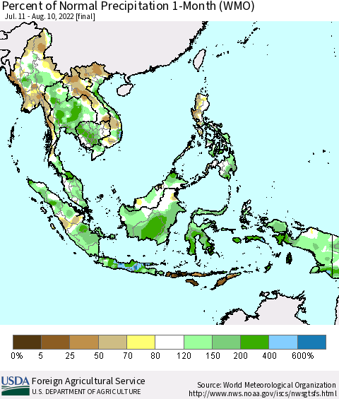 South East Asia Percent of Normal Precipitation 1-Month (WMO) Thematic Map For 7/11/2022 - 8/10/2022