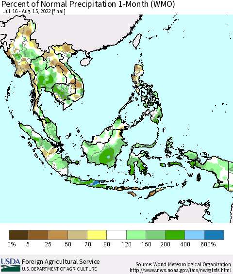 South East Asia Percent of Normal Precipitation 1-Month (WMO) Thematic Map For 7/16/2022 - 8/15/2022