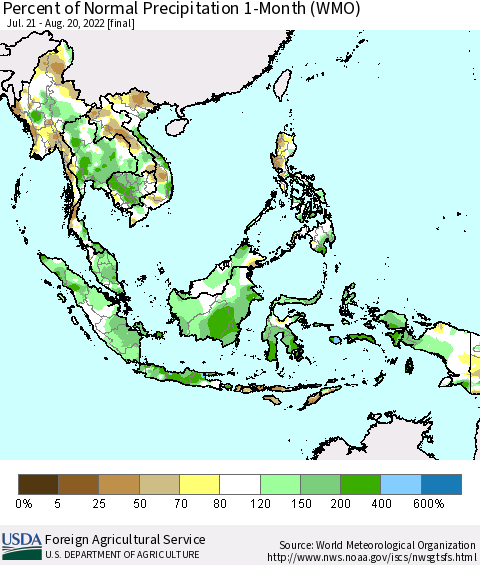 South East Asia Percent of Normal Precipitation 1-Month (WMO) Thematic Map For 7/21/2022 - 8/20/2022