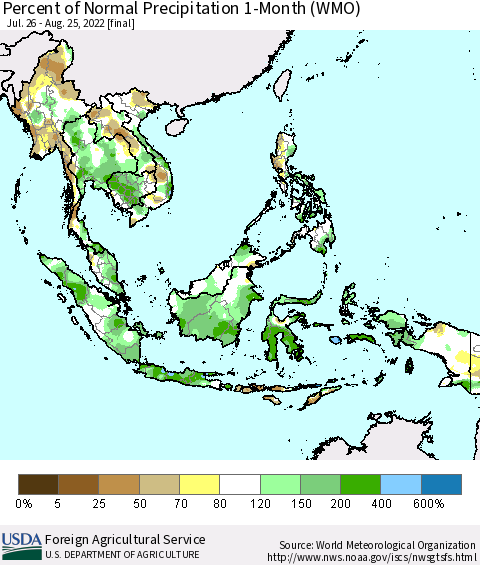 South East Asia Percent of Normal Precipitation 1-Month (WMO) Thematic Map For 7/26/2022 - 8/25/2022