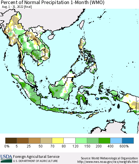 South East Asia Percent of Normal Precipitation 1-Month (WMO) Thematic Map For 8/1/2022 - 8/31/2022