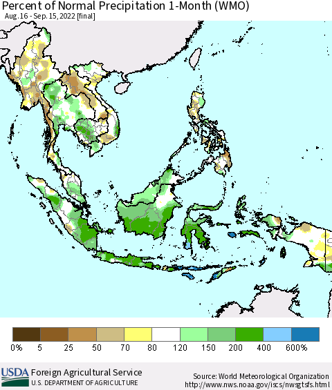 South East Asia Percent of Normal Precipitation 1-Month (WMO) Thematic Map For 8/16/2022 - 9/15/2022