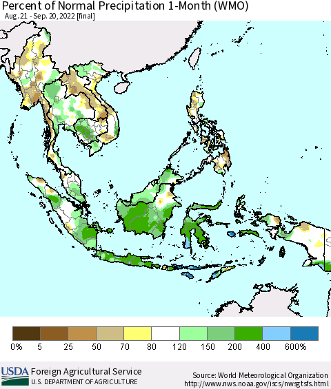 South East Asia Percent of Normal Precipitation 1-Month (WMO) Thematic Map For 8/21/2022 - 9/20/2022