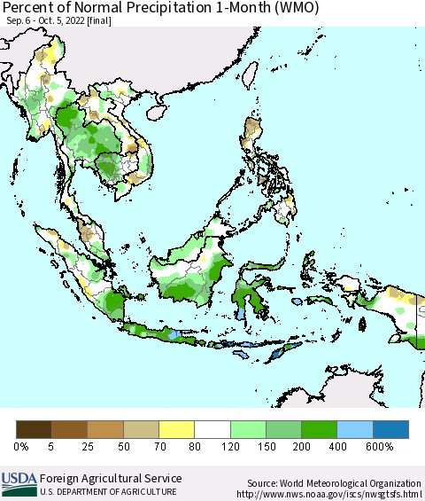 South East Asia Percent of Normal Precipitation 1-Month (WMO) Thematic Map For 9/6/2022 - 10/5/2022