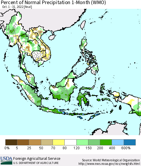 South East Asia Percent of Normal Precipitation 1-Month (WMO) Thematic Map For 10/1/2022 - 10/31/2022