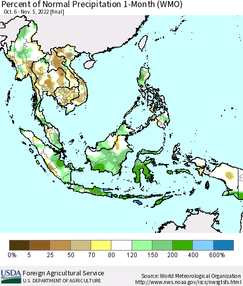 South East Asia Percent of Normal Precipitation 1-Month (WMO) Thematic Map For 10/6/2022 - 11/5/2022