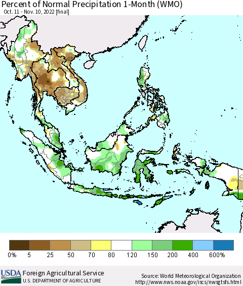 South East Asia Percent of Normal Precipitation 1-Month (WMO) Thematic Map For 10/11/2022 - 11/10/2022