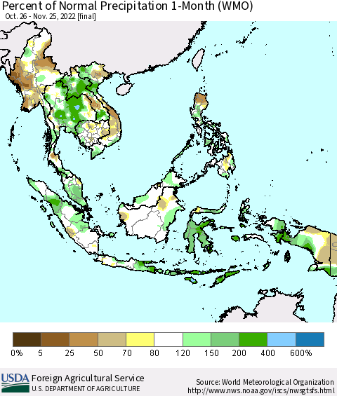 South East Asia Percent of Normal Precipitation 1-Month (WMO) Thematic Map For 10/26/2022 - 11/25/2022