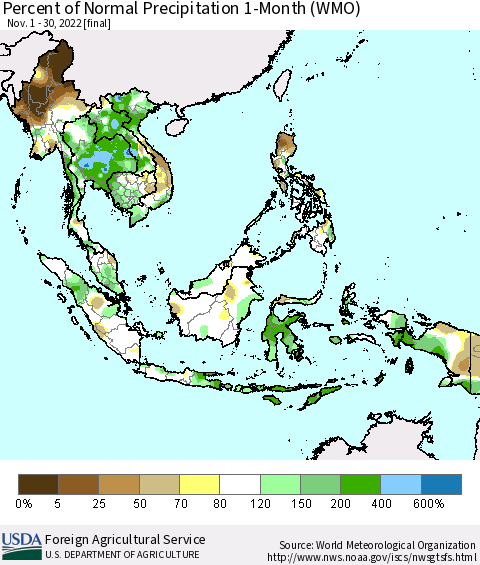 South East Asia Percent of Normal Precipitation 1-Month (WMO) Thematic Map For 11/1/2022 - 11/30/2022
