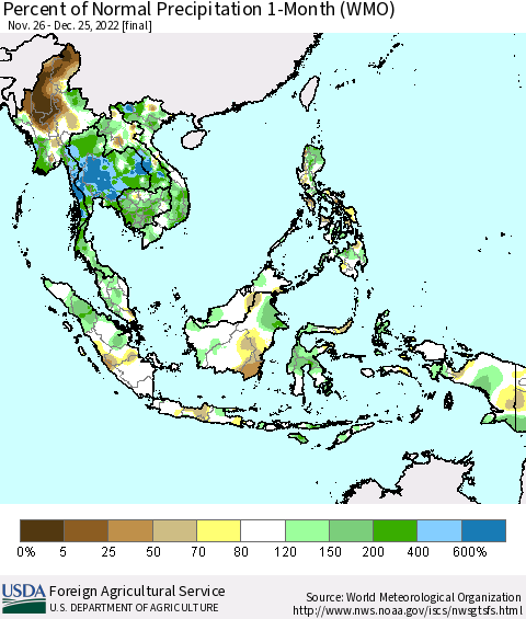South East Asia Percent of Normal Precipitation 1-Month (WMO) Thematic Map For 11/26/2022 - 12/25/2022