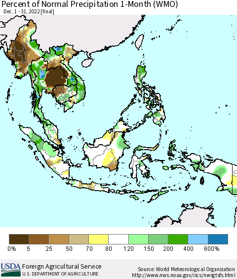 South East Asia Percent of Normal Precipitation 1-Month (WMO) Thematic Map For 12/1/2022 - 12/31/2022