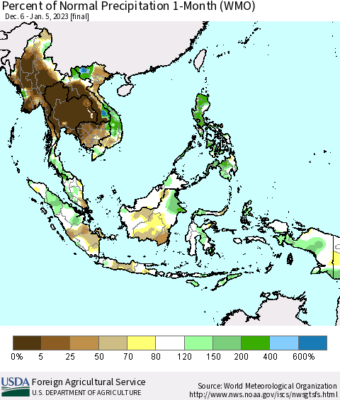 South East Asia Percent of Normal Precipitation 1-Month (WMO) Thematic Map For 12/6/2022 - 1/5/2023