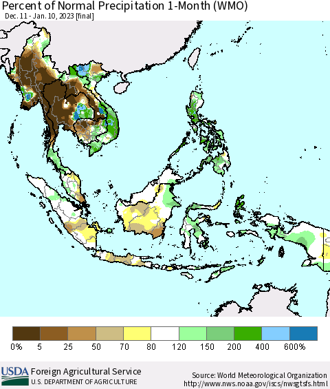 South East Asia Percent of Normal Precipitation 1-Month (WMO) Thematic Map For 12/11/2022 - 1/10/2023