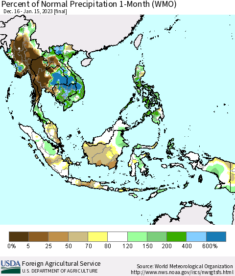 South East Asia Percent of Normal Precipitation 1-Month (WMO) Thematic Map For 12/16/2022 - 1/15/2023