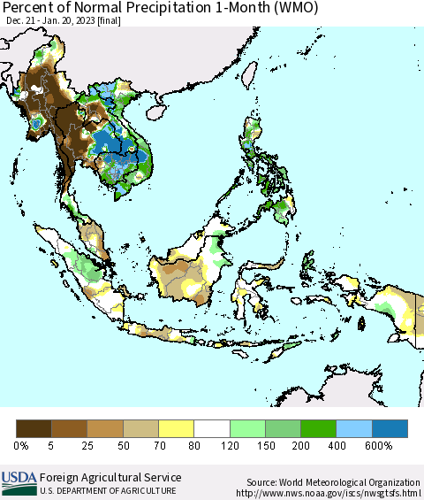 South East Asia Percent of Normal Precipitation 1-Month (WMO) Thematic Map For 12/21/2022 - 1/20/2023