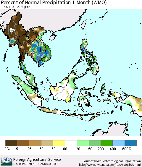 South East Asia Percent of Normal Precipitation 1-Month (WMO) Thematic Map For 1/1/2023 - 1/31/2023