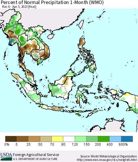 South East Asia Percent of Normal Precipitation 1-Month (WMO) Thematic Map For 3/6/2023 - 4/5/2023