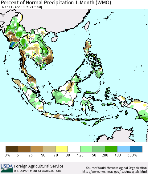 South East Asia Percent of Normal Precipitation 1-Month (WMO) Thematic Map For 3/11/2023 - 4/10/2023