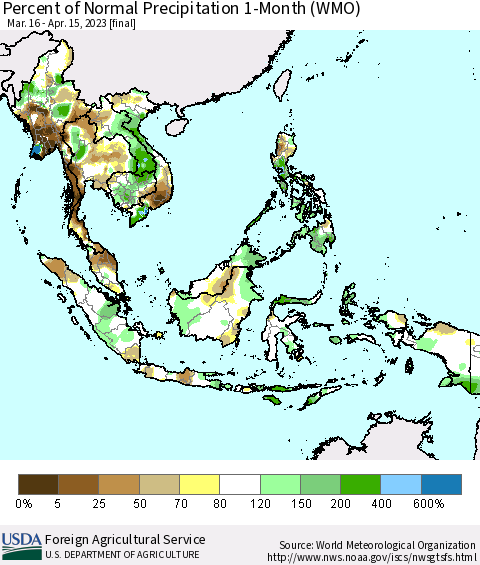 South East Asia Percent of Normal Precipitation 1-Month (WMO) Thematic Map For 3/16/2023 - 4/15/2023