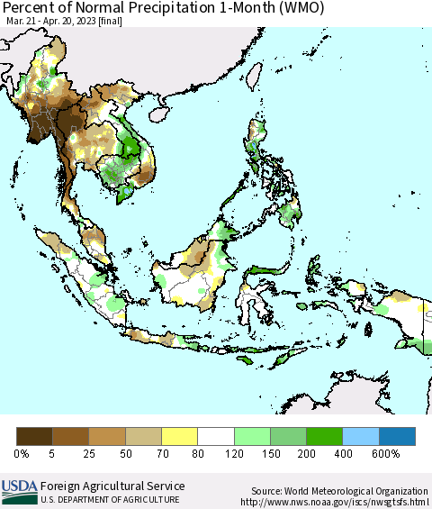 South East Asia Percent of Normal Precipitation 1-Month (WMO) Thematic Map For 3/21/2023 - 4/20/2023