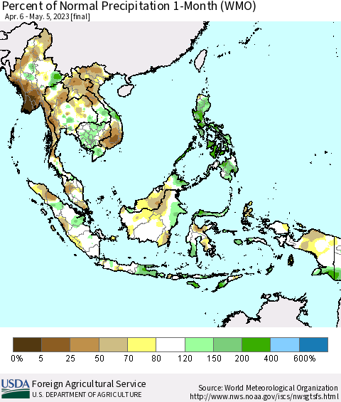 South East Asia Percent of Normal Precipitation 1-Month (WMO) Thematic Map For 4/6/2023 - 5/5/2023