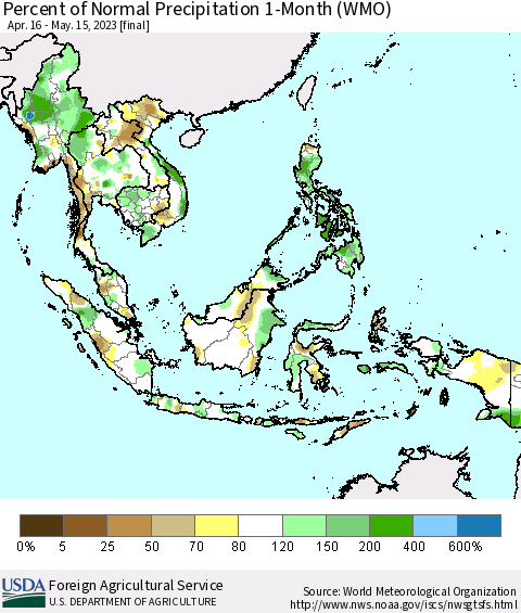 South East Asia Percent of Normal Precipitation 1-Month (WMO) Thematic Map For 4/16/2023 - 5/15/2023