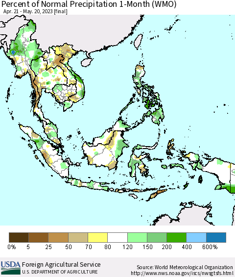 South East Asia Percent of Normal Precipitation 1-Month (WMO) Thematic Map For 4/21/2023 - 5/20/2023