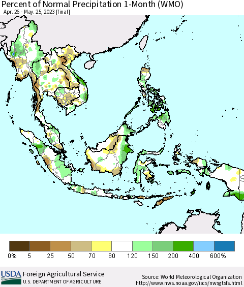 South East Asia Percent of Normal Precipitation 1-Month (WMO) Thematic Map For 4/26/2023 - 5/25/2023