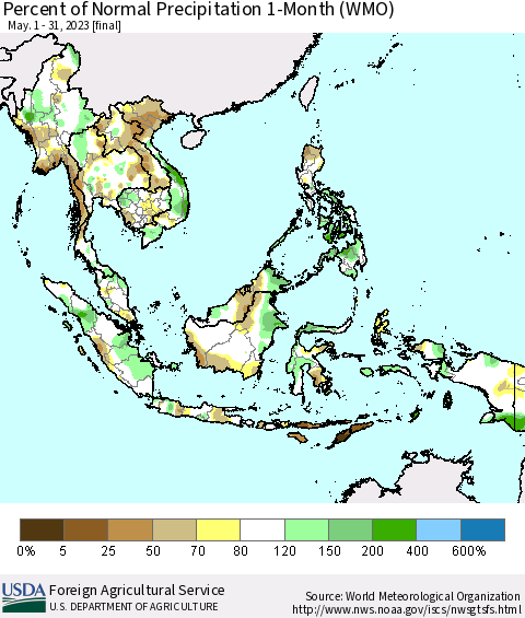 South East Asia Percent of Normal Precipitation 1-Month (WMO) Thematic Map For 5/1/2023 - 5/31/2023