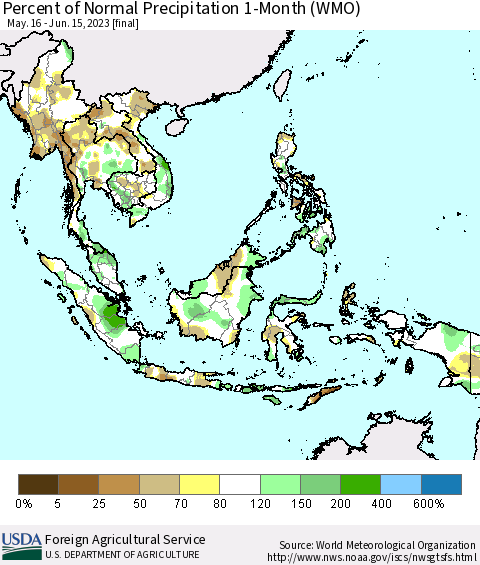 South East Asia Percent of Normal Precipitation 1-Month (WMO) Thematic Map For 5/16/2023 - 6/15/2023