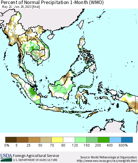 South East Asia Percent of Normal Precipitation 1-Month (WMO) Thematic Map For 5/21/2023 - 6/20/2023