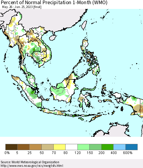 South East Asia Percent of Normal Precipitation 1-Month (WMO) Thematic Map For 5/26/2023 - 6/25/2023