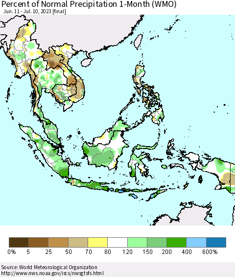South East Asia Percent of Normal Precipitation 1-Month (WMO) Thematic Map For 6/11/2023 - 7/10/2023