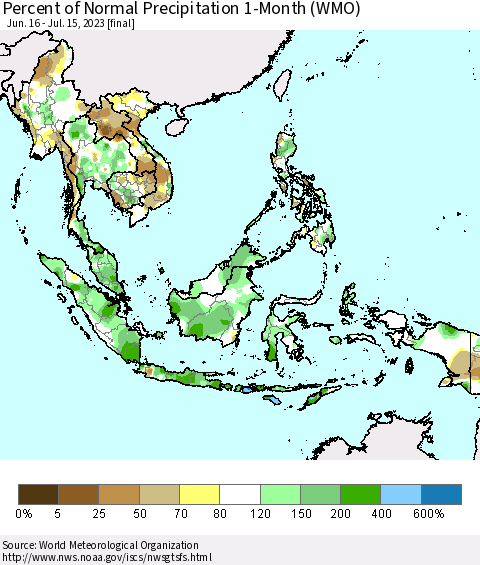 South East Asia Percent of Normal Precipitation 1-Month (WMO) Thematic Map For 6/16/2023 - 7/15/2023