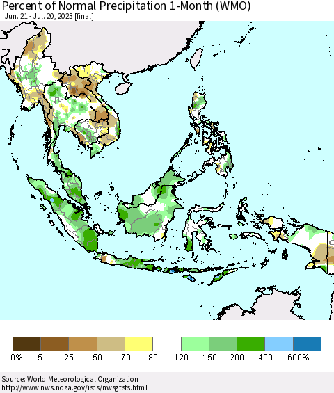 South East Asia Percent of Normal Precipitation 1-Month (WMO) Thematic Map For 6/21/2023 - 7/20/2023