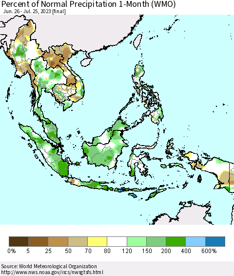 South East Asia Percent of Normal Precipitation 1-Month (WMO) Thematic Map For 6/26/2023 - 7/25/2023