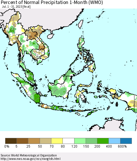 South East Asia Percent of Normal Precipitation 1-Month (WMO) Thematic Map For 7/1/2023 - 7/31/2023