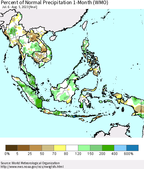 South East Asia Percent of Normal Precipitation 1-Month (WMO) Thematic Map For 7/6/2023 - 8/5/2023
