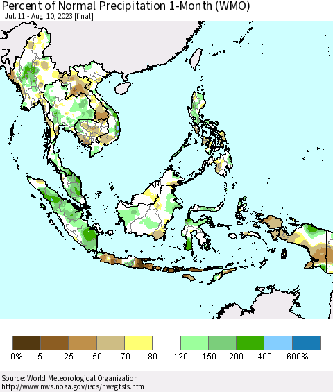 South East Asia Percent of Normal Precipitation 1-Month (WMO) Thematic Map For 7/11/2023 - 8/10/2023