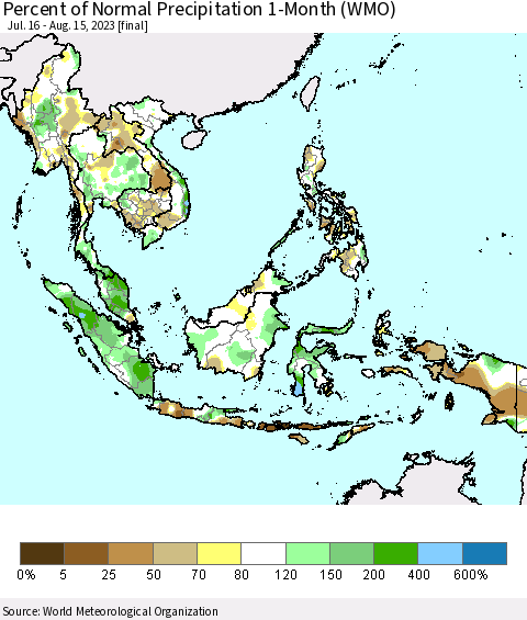 South East Asia Percent of Normal Precipitation 1-Month (WMO) Thematic Map For 7/16/2023 - 8/15/2023
