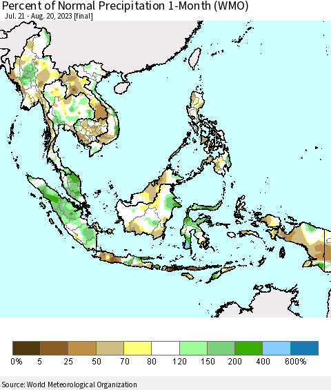 South East Asia Percent of Normal Precipitation 1-Month (WMO) Thematic Map For 7/21/2023 - 8/20/2023