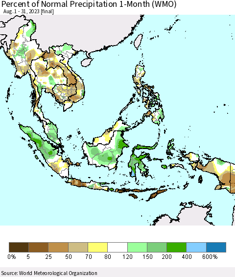 South East Asia Percent of Normal Precipitation 1-Month (WMO) Thematic Map For 8/1/2023 - 8/31/2023
