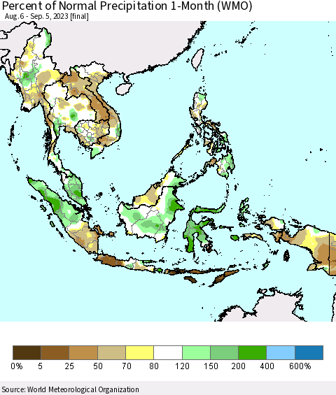 South East Asia Percent of Normal Precipitation 1-Month (WMO) Thematic Map For 8/6/2023 - 9/5/2023