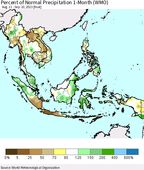 South East Asia Percent of Normal Precipitation 1-Month (WMO) Thematic Map For 8/11/2023 - 9/10/2023